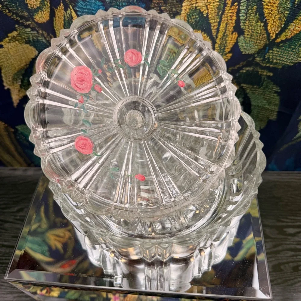 Vintage Hand‎ Painted Pink Rose Ribbed Clear Glass Candy Dish with Lid 5x6
